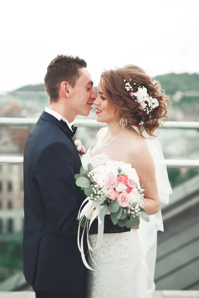 Glückliches Hochzeitspaar, Braut, Bräutigam küssen sich mit Blick auf die Altstadt — Stockfoto