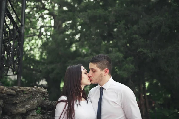 Hermoso recién casados posando cerca de la hermosa pared de plantas arbustos árboles en el día de su boda — Foto de Stock