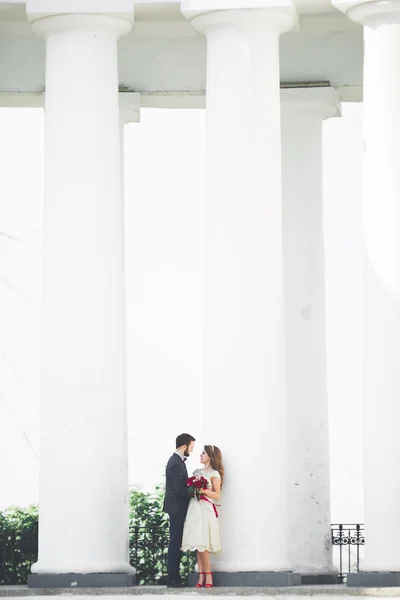 Gyönyörű pár, a menyasszony és a vőlegény jelentő közelében nagy fehér oszlop — Stock Fotó