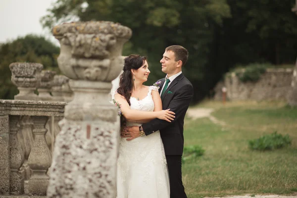 Feliz boda pareja abrazos y besos en el fondo viejo castillo — Foto de Stock