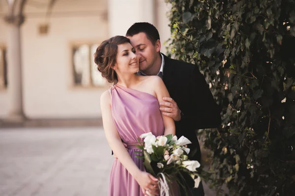 Счастливая свадебная пара, жених, невеста с розовым платьем обнимают и улыбаются друг другу на фоне стен в замке — стоковое фото