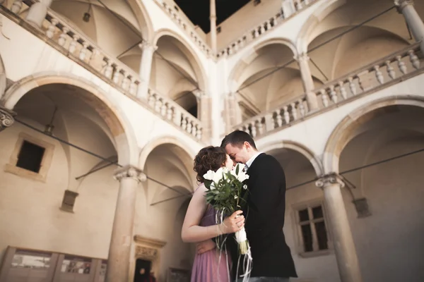 Casal bonito, homem, menina com vestido rosa longo posando no castelo velho perto de colunas. Cracóvia Vavel — Fotografia de Stock