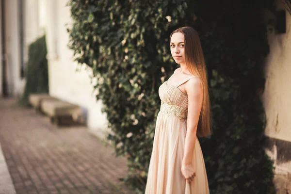 Hermosa chica con el pelo largo posando cerca del árbol en vavel Cracovia —  Fotos de Stock