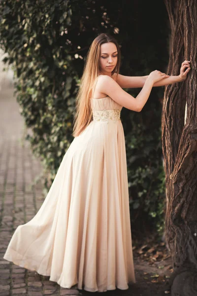 Hermosa chica con el pelo largo posando cerca del árbol en vavel Cracovia — Foto de Stock