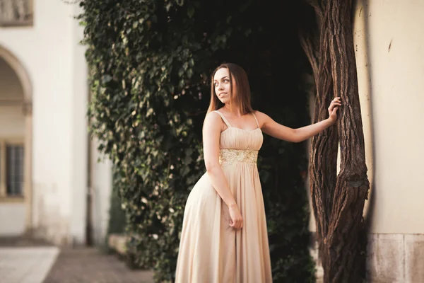 Piękna dziewczyna z długimi włosami pozowanie w pobliżu drzewa w vavel Kraków — Zdjęcie stockowe