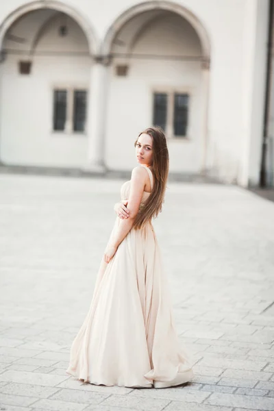 Gyönyörű lány, modell, hosszú hajú, régi kastély közelében oszlopok pózol. Krakkó Vavel — Stock Fotó