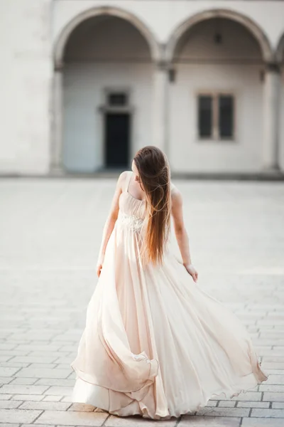 Menina bonita, modelo com cabelos longos posando em castelo velho perto de colunas. Cracóvia Vavel — Fotografia de Stock