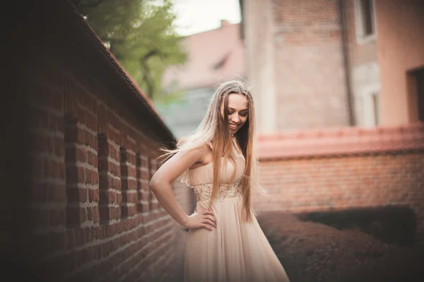 Menina sexy bonita com cabelos longos e vestido corpo bronzeado forma perfeita possuindo perto da parede — Fotografia de Stock