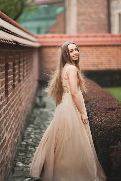 Vacker sexig tjej med långt hår och klänning perfekt form garvade organ possing nära vägg — Stockfoto