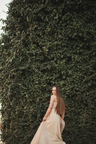 美しい少女は、公園の茂みや葉の壁の近くのモデル — ストック写真