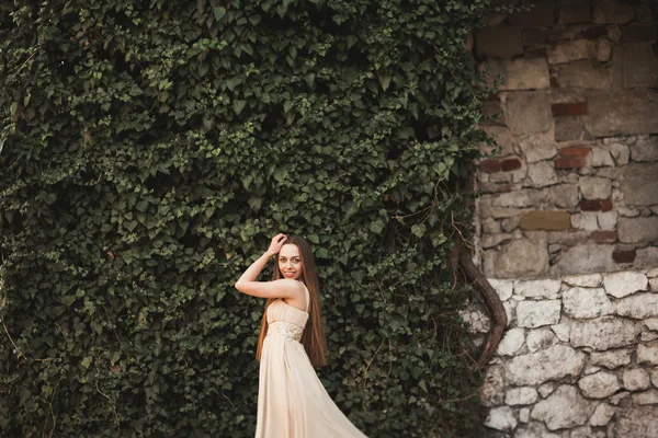 Hermosa chica, modelo cerca de la pared de hojas y arbustos en el parque — Foto de Stock