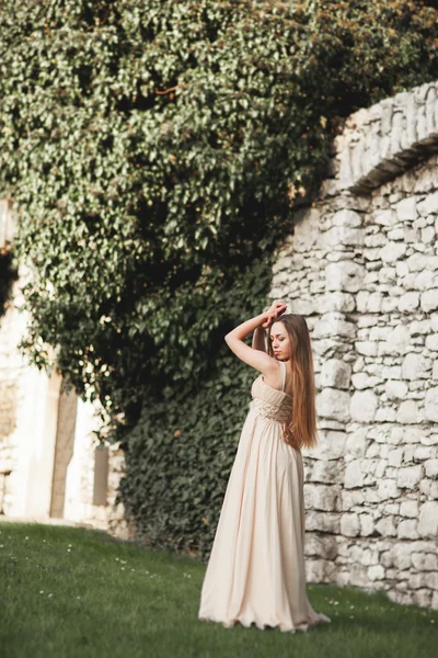 Belle fille, modèle avec les cheveux longs posant dans le parc près du grand mur. Vavel de Cracovie — Photo