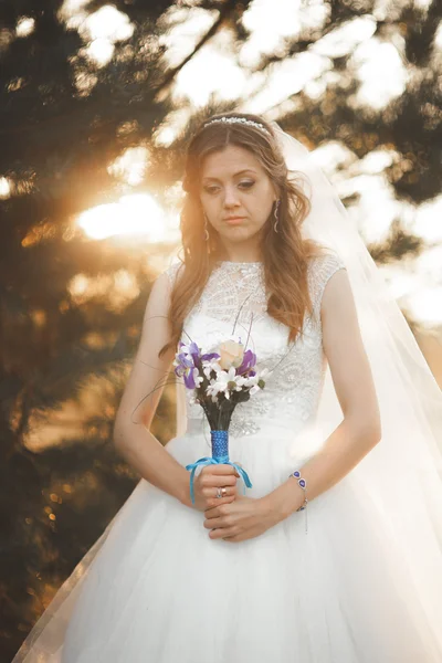 Gorgeous bride in elegant dress holding bouquet and posing near forest