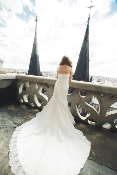 Bella sposa di lusso sul balcone con paesaggio perfetto — Foto Stock