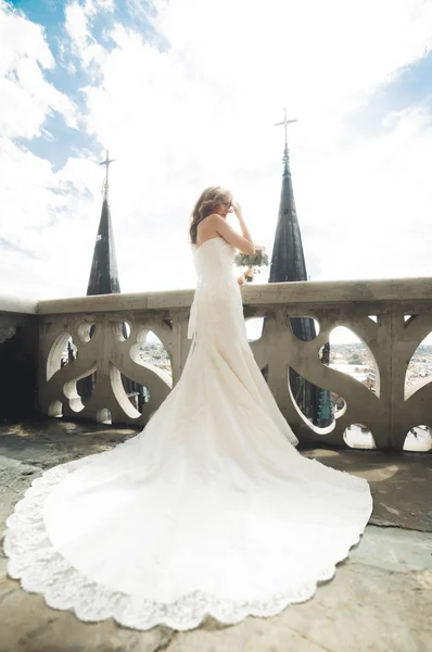美丽的豪华新娘在阳台上与完美的风景 — 图库照片