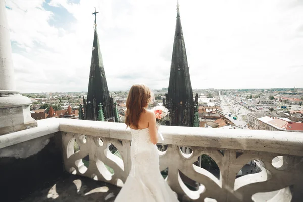 Красива розкішна наречена на балконі з ідеальним ландшафтом — стокове фото