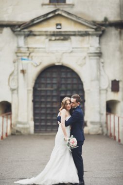 Mutlu düğün kaç sarılma ve birbirlerine arka plan eski kale üzerinde gülümseyen