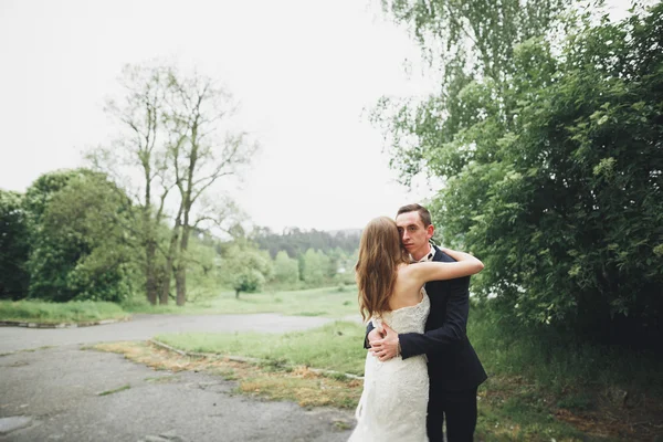 Alegre casada boda pareja posando nea rocas — Foto de Stock