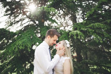 Şık güzel mutlu düğün çift öpüşme ve Botanik Bahçesi içinde kucaklayan