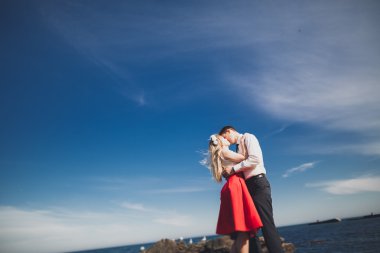 Sevimli gelin, manzara, dağlar ve denizin muhteşem Düğün çifti üzerinde zarif damat