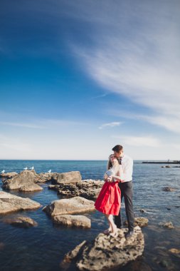 Sevimli gelin, manzara, dağlar ve denizin muhteşem Düğün çifti üzerinde zarif damat