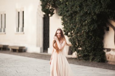 Güzel kız modeli sütunları yakınındaki eski kale poz uzun saçlı. Krakow Vavel