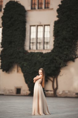 Güzel kız modeli sütunları yakınındaki eski kale poz uzun saçlı. Krakow Vavel