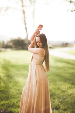 Uzun elbise dışında onun zaman içinde park günbatımı geçmiş zevk çekici genç kadın