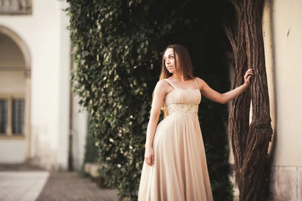 Hermosa chica con el pelo largo posando cerca del árbol en vavel Cracovia — Foto de Stock