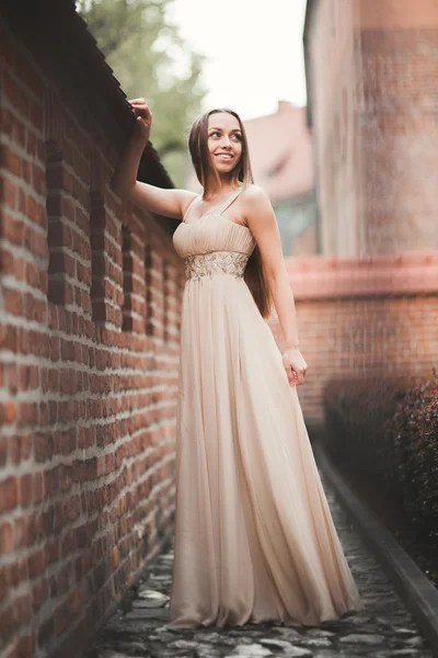 Vacker sexig tjej med långt hår och klänning perfekt form garvade organ possing nära vägg — Stockfoto