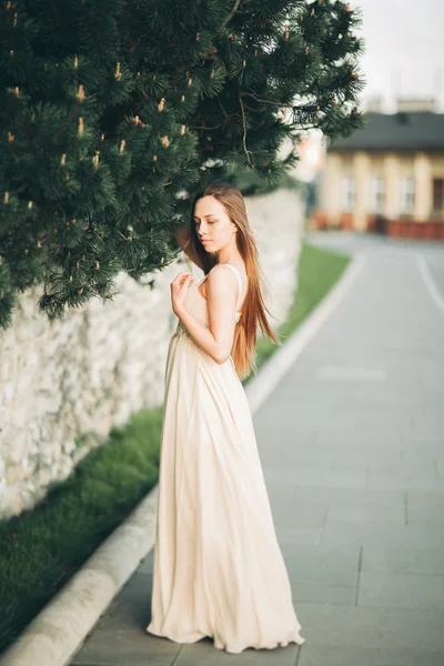 Attrayant jeune femme avec robe longue profiter de son temps à l'extérieur dans le parc coucher de soleil arrière-plan — Photo