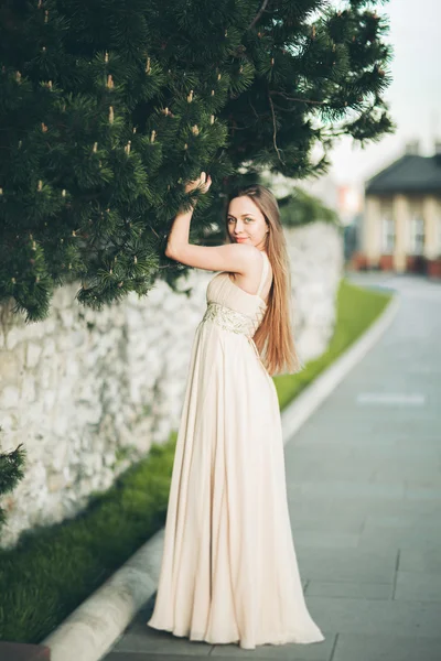 Atractiva joven con vestido largo disfrutando de su tiempo al aire libre en el fondo del atardecer del parque — Foto de Stock