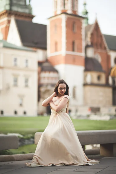 Menina em vestido longo luxuoso na rua da cidade velha — Fotografia de Stock