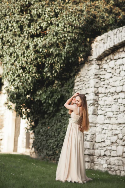 Mooi meisje, model met lange haren poseren in park in de buurt van de grote muur. Krakau Vavel — Stockfoto