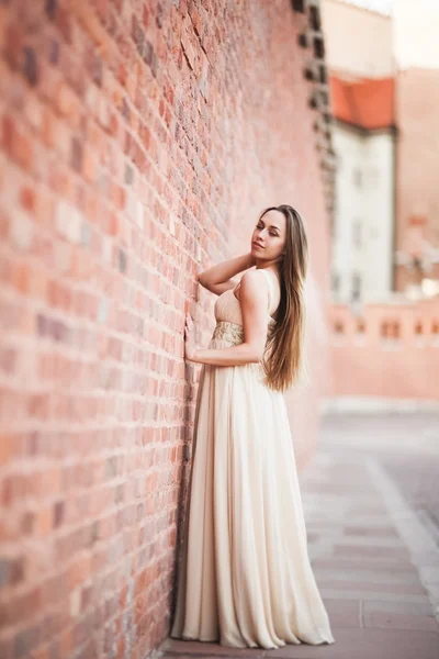 Hermosa chica sexy con el pelo largo y vestido de la forma perfecta cuerpo bronceado possing cerca de la pared — Foto de Stock