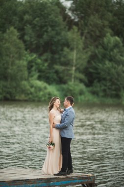 Gelin ve gülümseyerek, öpüşme Nehri üzerinde yürüyen damat