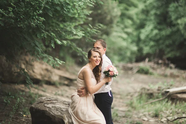 Hermosa pareja de boda besándose y abrazándose cerca de la orilla de un río de montaña con piedras — Foto de Stock