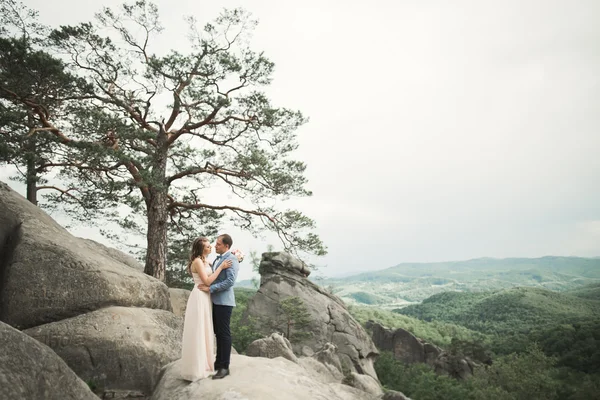 Preciosa novia, novio besándose y abrazándose cerca de los acantilados con impresionantes vistas — Foto de Stock