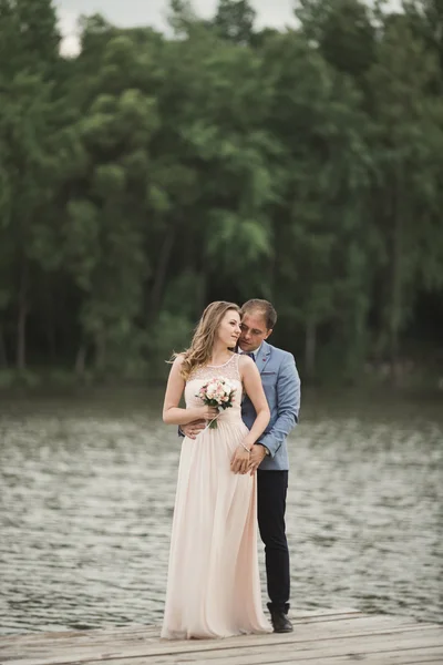 Hermosa pareja de boda, novia, novio besando y posando en el puente cerca del lago —  Fotos de Stock