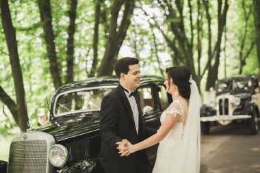 Güzel düğün çifti görkemli retro arabanın yakınında poz