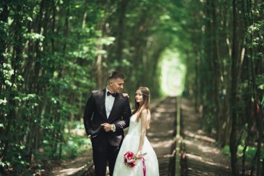 Genç düğün çift, gelin ve damat bir demiryolundan poz