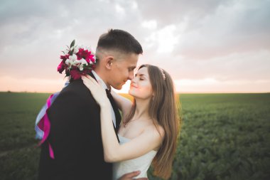 Düğün, güzel romantik gelin ve damat öpüşme günbatımında kucaklayan