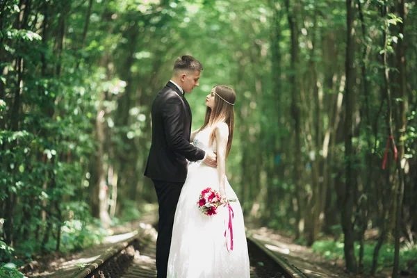 Giovane coppia di nozze, sposa e sposo in posa su un binario ferroviario — Foto Stock