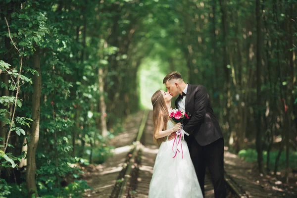 Casal de casamento jovem, noiva e noivo posando em uma trilha ferroviária — Fotografia de Stock