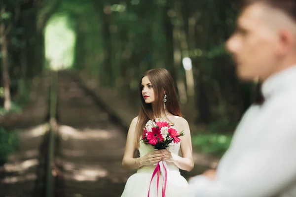 Gyönyörű menyasszony, esküvői csokor zöld természetes nyári mező háttér elszigetelt Vértes portréja — Stock Fotó