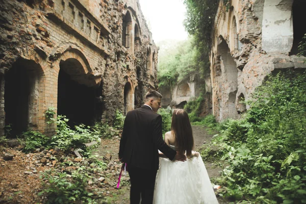 Net getrouwd poses en zoenen met een oud fort op de achtergrond — Stockfoto