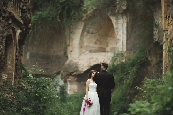 Juste mariés pose et embrasser avec une vieille forteresse sur le fond — Photo