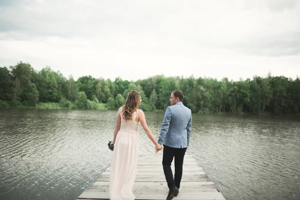 Elegante stilvolle Bräutigam mit seiner glücklichen wunderschönen brünetten Braut auf dem Hintergrund eines Sees — Stockfoto