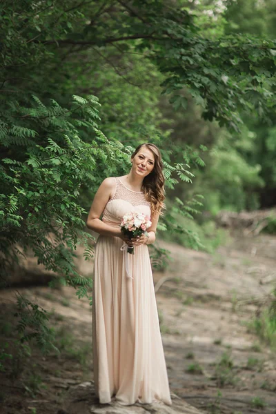 Vacker ung brud inwedding klär stående nära floden med berg på bakgrund — Stockfoto