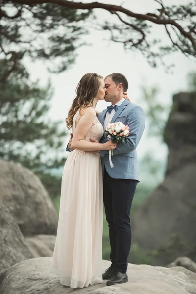 Preciosa novia, novio besándose y abrazándose cerca de los acantilados con impresionantes vistas — Foto de Stock